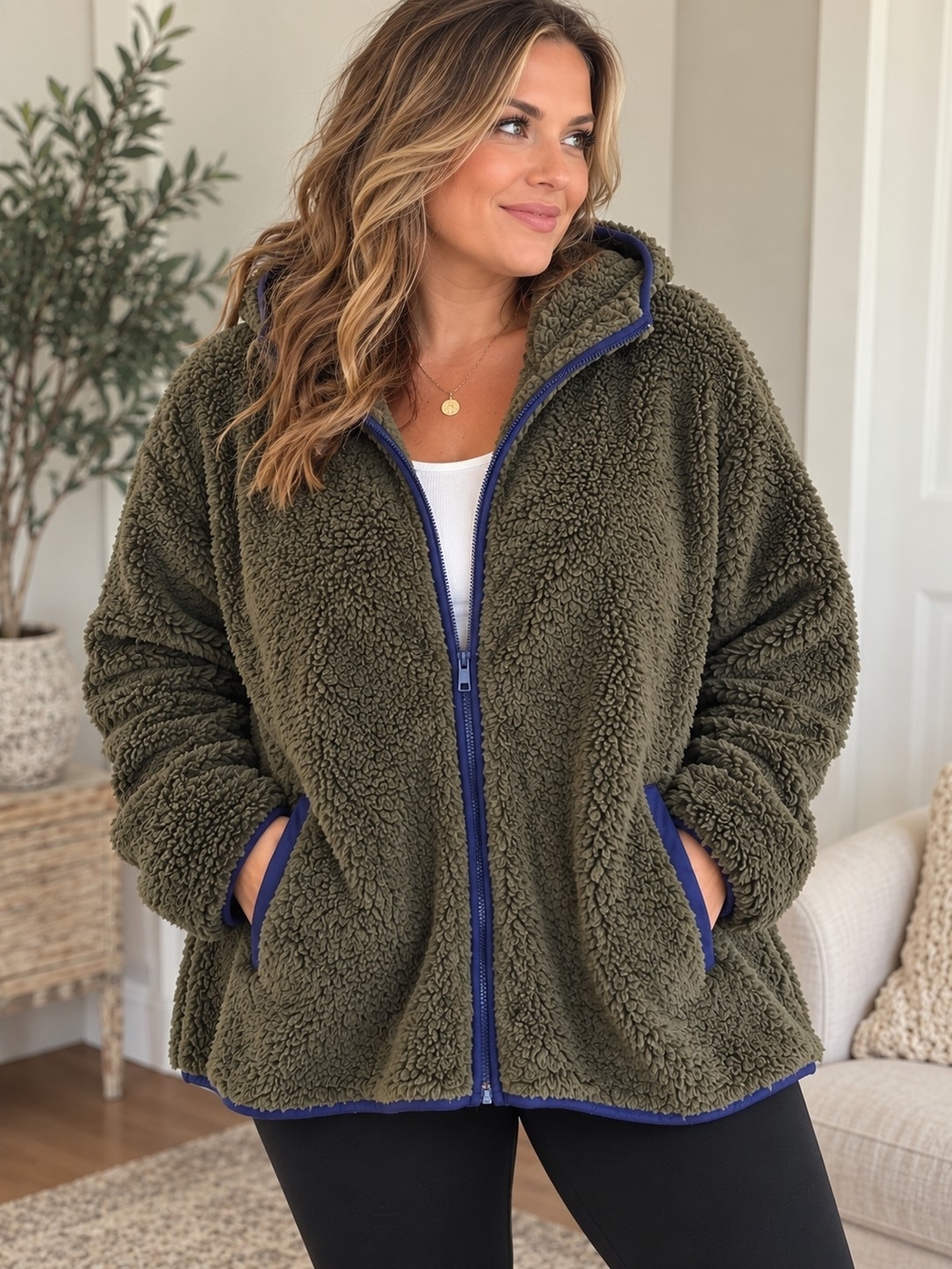 Perch Blu Pepper 2XL Olive Sherpa Fleece Full Zip Hooded Jacket NWOT